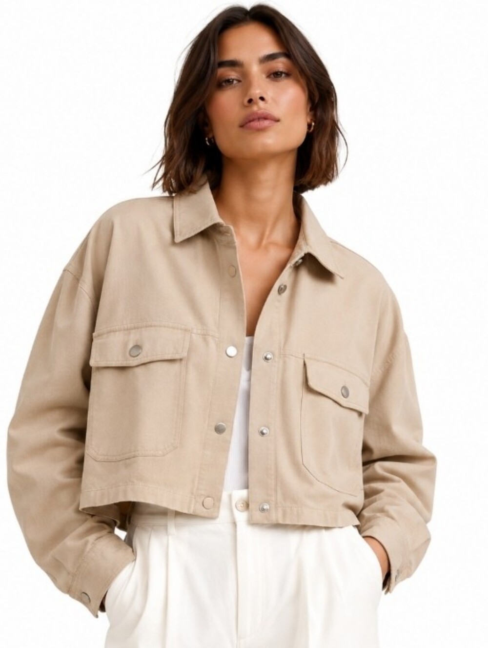 eesome Cream Snap Button Cropped Wide Shirt Jacket Large